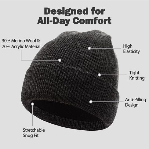 Oversize L/XL/XXL Beanie Hat for Big Heads - Waterproof Merino Wool Blend Beanie Fleece Lined Hat for All-Weather Winter Warm in Saudi Arabia