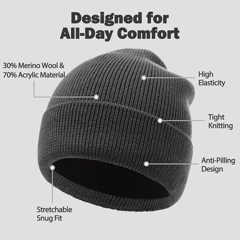 Oversize L/XL/XXL Beanie Hat for Big Heads - Waterproof Merino Wool Blend Beanie Fleece Lined Hat for All-Weather Winter Warm in Saudi Arabia