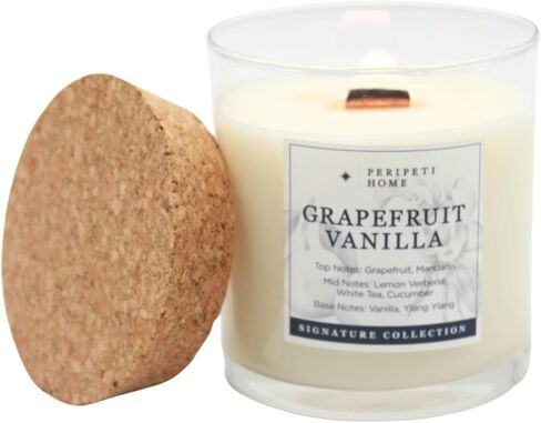 PERIPETI Home Grapefruit + Vanilla Soy Candle - Long-Lasting Scented Candle with a Wooden Wick for Relaxing Aromatherapy - 8.5oz Natural Wax for Home, Spa, or Gift in Saudi Arabia