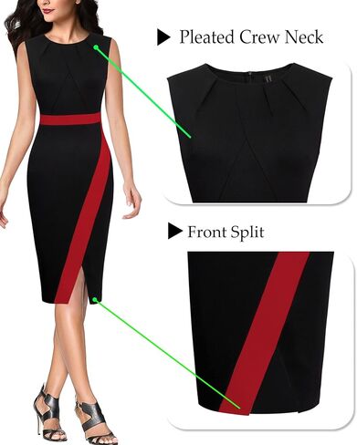 VFSHOW Womens Pleated Crew Neck Front Split Work Business Office Party Bodycon Pencil Sheath Dress in Kuwait