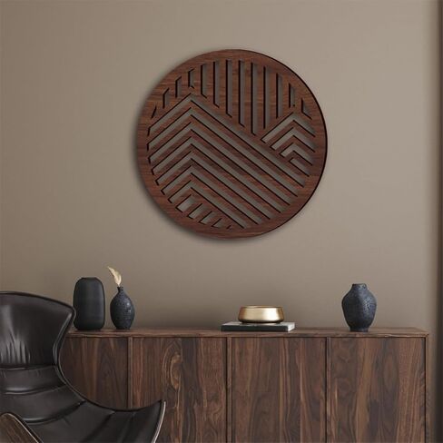 Geometric Wood Wall Art Decor, Modern Vintage Mountain Wall Sculptures Hanging Abstract Panels Decor, 3D Round Hollow Wooden Craft Art Boho Wall Decoration, for Home Office Living Room Bedroom (Black) in Kuwait