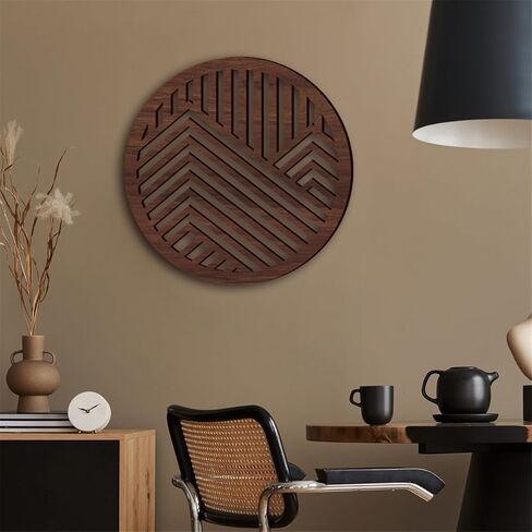 Geometric Wood Wall Art Decor, Modern Vintage Mountain Wall Sculptures Hanging Abstract Panels Decor, 3D Round Hollow Wooden Craft Art Boho Wall Decoration, for Home Office Living Room Bedroom (Black) in Kuwait
