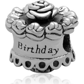 Cake Charm 925 Sterling Silver Happy Birthday Charm Rose Charm Flower Charm for Bracelet
