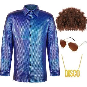 Sintege Mens 70s 80s Disco Costume Set Disco Shiny Shirts Luxury Sequins Long Sleeve Shirts for Halloween Mardi Gras Party in Kuwait