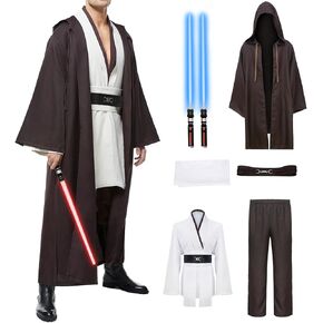 Men's Tunic Cosplay Costume with 2 PCS Light Up Saber Tunic Hooded Robe Full Set for Halloween Party