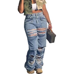 Tbahhir Distressed Ripped Cargo Jeans for Women High Waisted Baggy Wide Leg Boyfriend Y2K Streetwear Denim Pants Trendy
