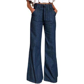 Flamingals Women's Pocket Detail Belted Flare Jeans Mid Waist Casual Pants