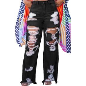 Ptorlio Women's Ripped Jeans Y2k Straight Wide Leg High Waisted Jean Distressed Baggy Denim Pants