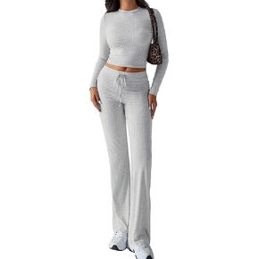 OLCHEE Womens Lounge Set 2 Piece Outfit Long Sleeve Ruched T-Shirt Top Wide Leg Pants Matching Loungewear Fall Tracksuit