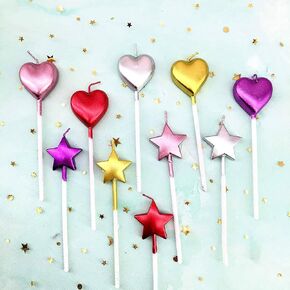 10 Cute Heart Shaped and Star Birthday Candles Multi Color Cake Candle Toppers for Party Wedding Cake Decoration Supplies Cute Birthday Decorations (Classic, Heart Star)