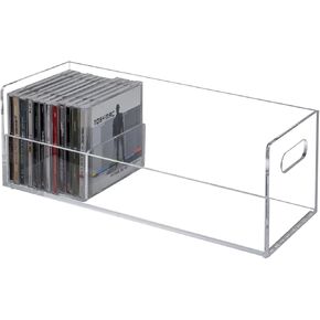 MyGift Modern Premium Black Acrylic Stackable CD Holder Racks with Cutout Carrying Handles, Compact Disc Jewel Case Display Crates, Media Storage Organizers, Set of 2