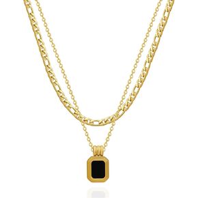 Layered Gold Choker Necklace for Women Dainty Black Square Pendant 18K Gold Plated Stainless Steel Chain Link Jewelry for Mother and Daughter (Black)