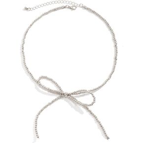 Bow Necklace for Women Gold Bow Beaded Necklace Big Bow Choker Necklace Pearl Bow Statement Necklace Christmas Bow Jewelry Necklace for Women