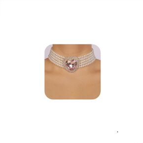 Chargances 1920s Imitation Pearls Necklace with Heart Crystal Pendant Boho 5 Layered Statement Rhinestone Choker Bridal Wedding Love Pendant Collar for Women