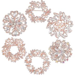 6Pcs Medium Size Rose Gold Plated Assorted Crystal Rhinestones Brooch Pins Set for Women Fashion and DIY Wedding Party Bouquets Crafts Decor