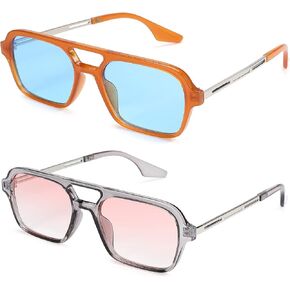 Hycredi Retro 70s Flat Aviator Sunglasses Trendy Vintage Square Glasses for Women Men Metal Design Shades UV Protection