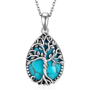 Genuine Turquoise Necklace 925 Sterling Silver Tree of Life Necklace Vintage Western Nature Gemstone Turquoise Jewelry for Women
