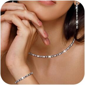 Jewelry Sets for Women Sparkly Rhinestone Choker Necklace Link Bracelet Dangle Earrings for Bride Bridesmaid Cubic Zirconia Necklace Set Wedding Prom Dresses Costume Crystal Jewelry Accessories