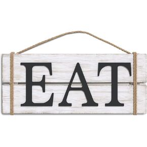 Barnyard Designs Eat Wood Wall Art Sign, Rustic Primitive Farmhouse Country Kitchen and Home Wall Decor, White/Black, 17" x 7"