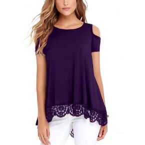 RAGEMALL Womens Cold Shoulder Tops Short Sleeve Lace Trim Tunic Blouse Top for Women