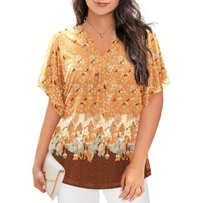 IN'VOLAND Women's Plus Size Blouses Short Sleeve Floral Double Layers Mesh V Neck Tunic Tops Dressy Flowy Stretchy Shirts