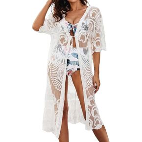 Bsubseach Swim Cover Up for Women Lace Sheer Floral Kimono Cradigans Mesh Long Beach Dress
