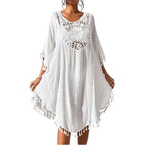 Verdusa Women's Oversized Crochet 3/4 Length Sleeve Tassel Bathing Suit Cover Up