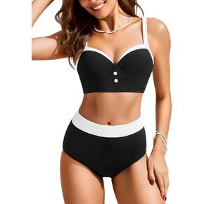 Hanna Nikole Women High Waisted Bikini Sets Ribbed Two Piece Swimsuit Color Block Bathing Suit Tummy Control Lining Swimwear