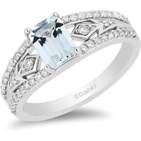 Jewelili Enchanted Disney Fine Jewelry Sterling Silver with 1/4 Cttw Diamond and Aquamarine Elsa Ring