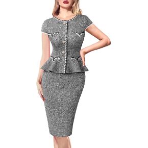 VFSHOW Womens Buttons Peplum Work Business Office Professional Patchwork Pencil Sheath Dress