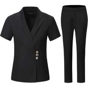 YYNUDA Women's Business Suit Set Formal Short Sleeve Double Breasted Solid Color Blazer Pantsuit