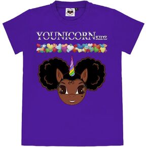 Afro Puff Unicorn Love Logo Tee in Purple - Brown w/Black Hair