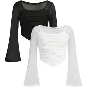 OYOANGLE Girl's 2 Pack Set Contrast Mesh Ruched Bell Long Sleeve Asymmetrical Hem Tee Shirt Crop Top