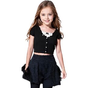 SOLY HUX Girl's Short Sleeve Contrast Lace Tee V Neck Lettuce Trim T Shirt Cute Crop Tops