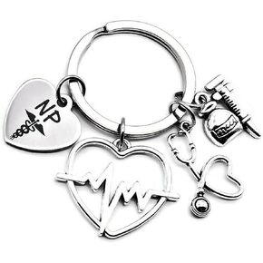 Kit's Kiss NP Nurse Practitioner Keychain Nurse Practitioner Gift NP Keychain Stethoscope Syringe ECG/EKG Heartbeat Charm Nurse Student Nurse Graduation School Nurse Keyring Caduceus Medical Symbol,