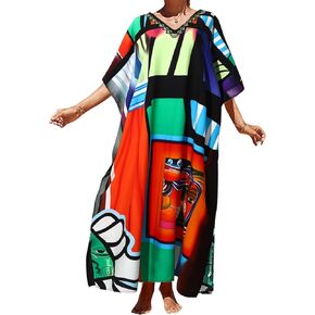 STARWHISPER Beach Kaftan Dresses Plus Size Maxi Dress Lightweight Boho Swim Cover Up Tie Dye Cotton Caftans Dress for Women