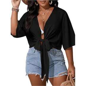 OYOANGLE Women's Plus Size Swimwear Cover Up Top Tie Front Short Sleeve Beach Cardigan Crop Tops