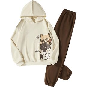 SweatyRocks Girl's 2 Piece Outfits Cartoon Graphic Hooded Sweatshirt and Sweatpants Clothing Sets