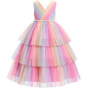 IBTOM CASTLE Flower Girl Dress Kids Birthday Dress Ruffle Pearls Tiered Tulle Party Dress Wedding Gown Prom