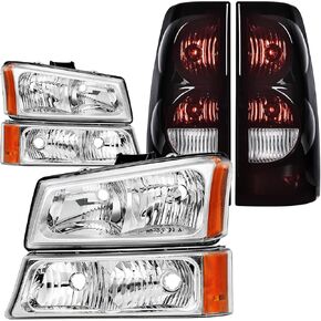 Headlight Tail Light Compatible With 2003-2006 Chevy Silverado 1500 1500HD 2500 2500HD, Chrome Housing Amber Corner
