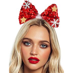 Red Bow Headband Women Sequin Big Bow Headbands Glitter Christmas Red Headdress for Adult