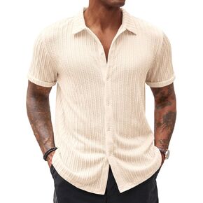 Runcati Men's Casual Button Down Shirts Short Sleeve Textured Shirt Summer Beach Tops
