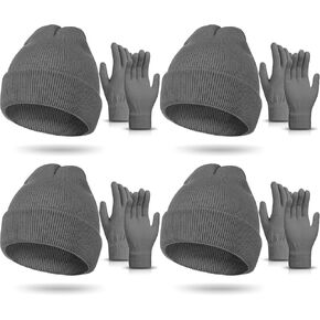 8 Pcs Grey Winter Hat and Gloves Set for Men Women, Knitted Beanie and Gloves Soft Warm Gloves Skull Cap Gifts Set