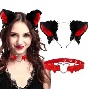 Fax Cat Ear Headband and Red Leather Choker with Heart Animal Headband for Halloween Cosplay Accessories Set for Theme Party Fluffy Cat Ear Hair Band with Bells