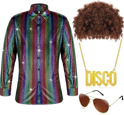 Sintege Mens 70s 80s Disco Costume Set Disco Shiny Shirts Luxury Sequins Long Sleeve Shirts for Halloween Mardi Gras Party in Saudi Arabia