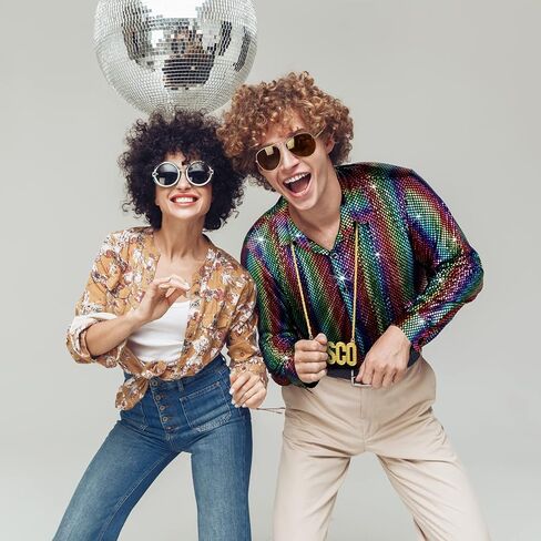 Sintege Mens 70s 80s Disco Costume Set Disco Shiny Shirts Luxury Sequins Long Sleeve Shirts for Halloween Mardi Gras Party in Saudi Arabia