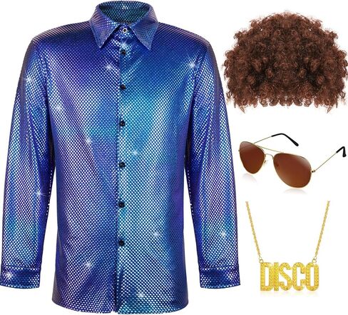 Sintege Mens 70s 80s Disco Costume Set Disco Shiny Shirts Luxury Sequins Long Sleeve Shirts for Halloween Mardi Gras Party in Kuwait