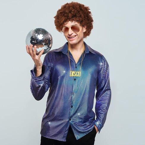 Sintege Mens 70s 80s Disco Costume Set Disco Shiny Shirts Luxury Sequins Long Sleeve Shirts for Halloween Mardi Gras Party in Kuwait