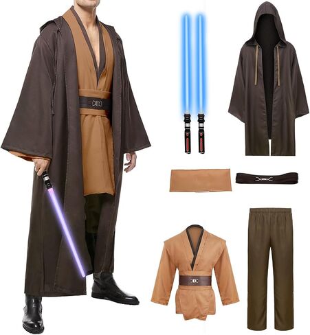 Men's Tunic Cosplay Costume with 2 PCS Light Up Saber Tunic Hooded Robe Full Set for Halloween Party in Saudi Arabia