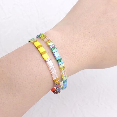 Sonateomber Tila Flat Beaded Stretch Bracelets for Women, Trendy Unique Handmade Stackable Mixed Colorful Square Beads Miyuk Link Bracelet Summer Jewelry Gift in Saudi Arabia